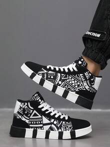 Pantofi sport sport casual confortabili pentru bărbați, cu șireturi înalte, cu model geometric, alb-negru, cu graffiti, cu litere patchwork, stil Fndy Personalities