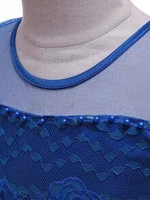 Tween Girls Long Sleeve Lace Beaded 3D Floral Mesh Elegant Piano Recital Dress, Suitable For Birthday Party, Ball, Excludes Headband - 寶藍色 - 查看 5