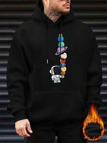 男士行星元素印花口袋连帽卫衣，适合情侣穿着，秋冬季长袖上衣 - 黑色 - 查看 2