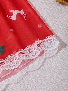 Women's Red,Christmas,Deer&Christmas Tree Print,Deep V-Neck,Hollow Out,Lace Splice,Sheer&Backless,Babydolls,Sexy Lingerie Dress - Red - View 9