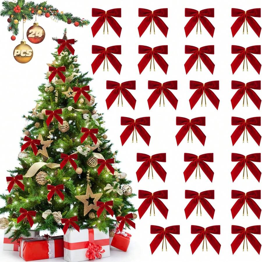 48件装植绒装饰蝴蝶结挂饰，节日装饰，婚礼，情人节氛围装饰配件，丝带拱门花环蝴蝶结吊坠礼品 - 紅色 - 查看 1