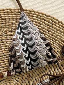 Bộ bikini buộc cổ thanh lịch, thoải mái dành cho nữ, màu nâu, họa tiết sóng biển với chi tiết đính cườm và thiết kế buộc dây phía sau. - Nhiều màu - Xem 5