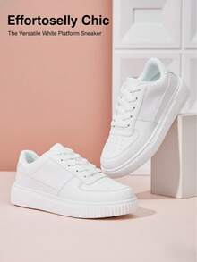Women's Casual Sneakers, White, Non-Slip Soft Sole, Lightweight, White Shoes, Couple Style, Platform, Round Toe Lace-Up, Available In Plus Size 43-45