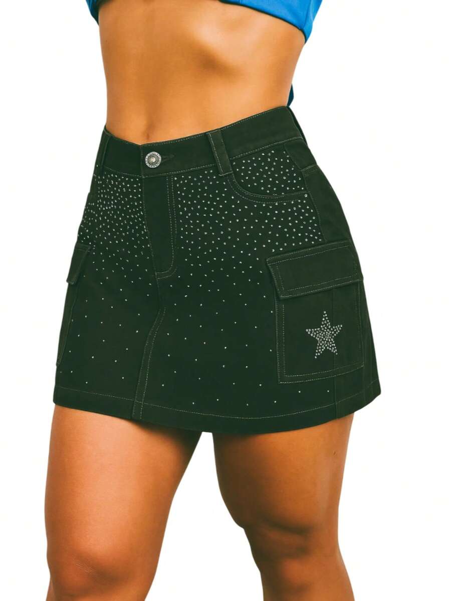 Women's Cargo Skirt With Star Rhinestone Shine - 軍綠色 - 查看 1