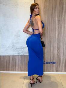 Elegant Long Dress With Adjustable Front Neckline And Suplex Back Tie - Royal Blue - View 3