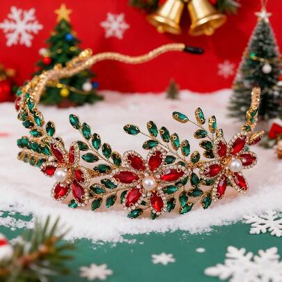 1件优雅复古红绿水钻发箍 - 奢华手工水晶圣诞发饰，饰有花卉图案、珍珠和宝石，是圣诞节、婚礼、舞会和情人节的完美配饰
