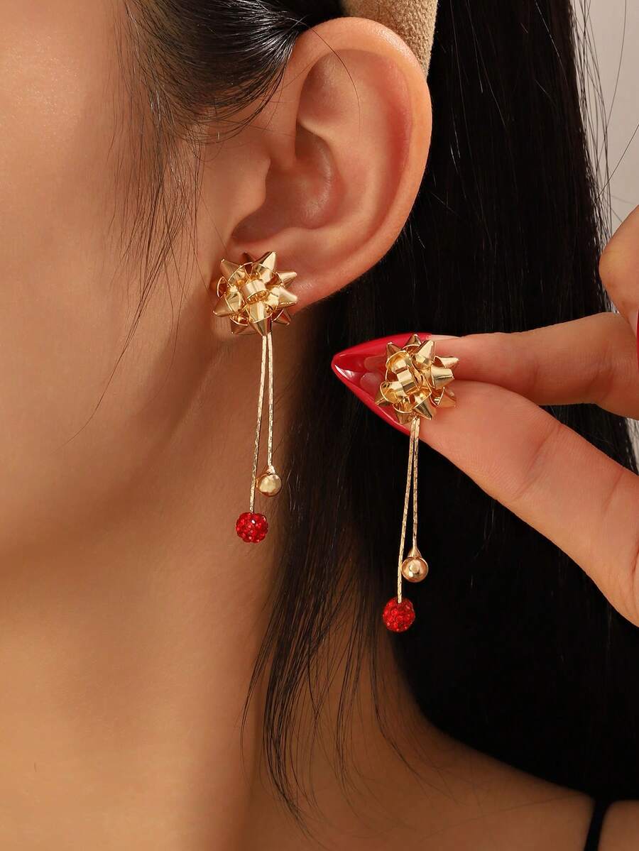 1对圣诞系列简约圣诞花朵流苏耳环，前后设计，女士圣诞礼物 - 彩色 - 查看 1