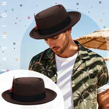 Wide Brim Fedora Hats With Feather For Women Men Western Panama Floppy Hat - 咖啡棕 - 查看 7
