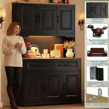 Large Farmhouse Kitchen Pantry Cabinet With Power Outlet & LED Light | 71" Tall, 47" Wide | 8 Doors, 2 Drawers & Open Countertop For Kitchen/Dining Room Storage - Xem 3