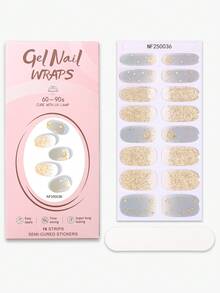 16pcs Gold Foil Semi Cure Gel Nail Strips, Winter Nails Golden Glitter Gradient Star And Moon UV Gel Nail Stickers, Salon Quality, Easy To Apply And Remove, Suitable For Women's Home DIY Nail Art Supplies