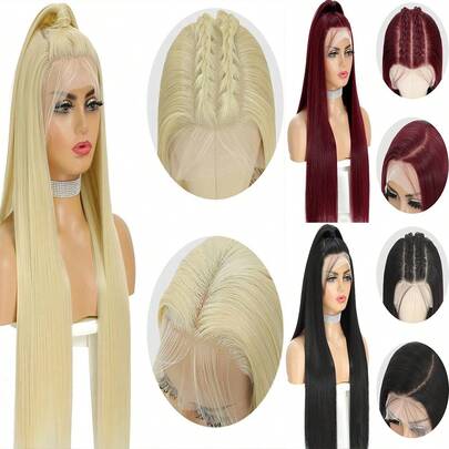 13x4 24 英寸黑色、金色、酒红色直发蕾丝前假发，适合女性 - 耐热合成头发，预拔自然发际线和婴儿头发，非常适合日常佩戴、婚礼、万圣节和圣诞节