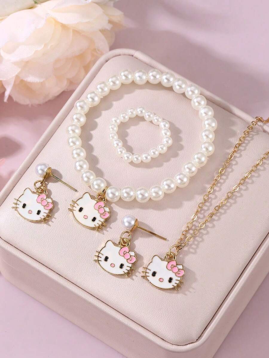 Sanrio 5pcs Faux Pearl Alloy Necklace, Earring, Bracelet,Ring, Pendant Jewelry Set