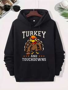 Men'S Turkey & Touchdowns Football Thanksgiving Graphic Hoodie - Black With White Lettering & Turkey Design,  Pocket, Loose Fit Casual Pullover Sweatshirt For Fall Autumn, Game Day Outfits & Daily Wear, All-Season Comfort (Ideal Gift For Sports Fans),Fall Hoodies,Men's Fall Clothes,Street Wear,Halloween,Mens Hoodies,Y2k Clothes,Jesus Hoodie,Thanksgiving Day,Nightmare Before Christmas,Christmas - Black - View 1