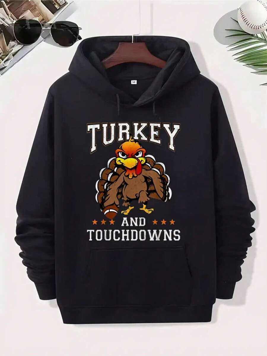 Men'S Turkey & Touchdowns Football Thanksgiving Graphic Hoodie - Black With White Lettering & Turkey Design,  Pocket, Loose Fit Casual Pullover Sweatshirt For Fall Autumn, Game Day Outfits & Daily Wear, All-Season Comfort (Ideal Gift For Sports Fans),Fall Hoodies,Men's Fall Clothes,Street Wear,Halloween,Mens Hoodies,Y2k Clothes,Jesus Hoodie,Thanksgiving Day,Nightmare Before Christmas,Christmas - Black - View 1