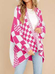 Womens Oversized Plaid Knit Cardigan Sweater Color Block Checkered Open Front Long Sleeve Coat - 粉色 - 查看 3