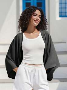 Long Sleeve Summer Knit Shrug, Breathable Lightweight Open Front Bolero, Solid Color Beach Vacation Cover Up, Minimalist Chic Shoulder Shrug - 黑色 - 查看 3