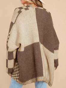 Womens Oversized Plaid Knit Cardigan Sweater Color Block Checkered Open Front Long Sleeve Coat - 深卡其色 - 查看 4