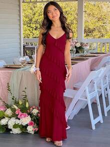 Women's Backless Bodycon Spaghetti Strap Elegant Ruffle Maxi Cocktail Party Dresses, 2025 QMO3 - 酒紅色 - 查看 2