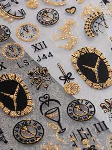 2 Peças de Adesivos de Arte de Unhas com Relógio Dourado - Design de Arte DIY para Carimbar a Quente Relógios, Fogos de Artifício e Taças de Vinho para Inverno, Natal e Ano Novo, Adequado para o Dia a Dia, Casamentos e Feriados das Mulheres. Adesivos de Arte de Unhas Descartáveis com Tema Cartoon e Fofo, Fáceis de Colar, Decoração de Salão de Beleza - Multicolorido - Visão 2