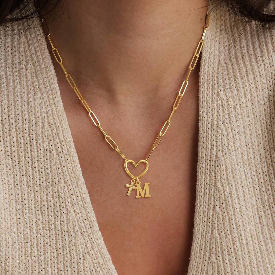 1pc Fashion Classic Initial Hollow Heart Pave Zirconia Cross Pendants Golden Stainless Steel Paper Clip Chain Necklaces For Women - Yellow Gold - View 1