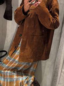 女式绒面革长袖单排扣休闲夹克 - 棕色 - 查看 2