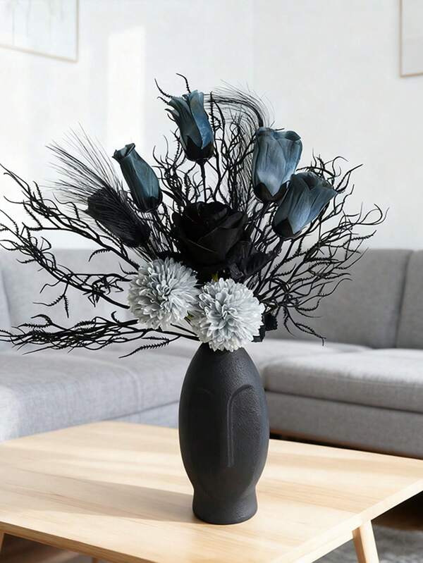 1 Set de Ramo de Flores Artificiales de Rosa de Lujo, Combinación Clásica de Negro y Plateado, Adecuado para Decoración del Hogar, Arreglo de Hotel, Ramo de Boda y Otras Decoraciones de Centros de Ocio - Decoración Estacional Multiusos para el Día de San Valentín, Halloween, Navidad, Pascua - Sin Contenedor, Viene con Accesorios para Arreglar Flores