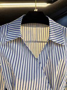 女士春秋新款V领系腰休闲长袖衬衫 - 藍色 - 查看 3