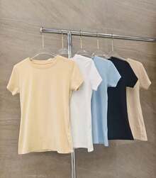 T shirt Algodão importado femininas modas DXY.9527-5  Simples    Nenhum    Férias  Praia - AZUL BEBE - Visão 2
