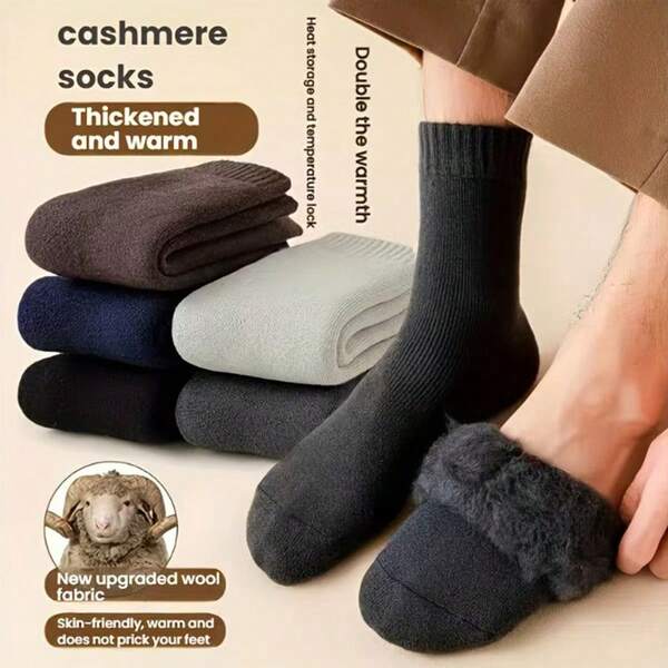 Mixed Color 3 Pairs Men's Winter Thermal Socks - Thick Fleece Blend Outdoor Hiking Socks, Soft And Durable, Reinforced Toes And Heels, Suitable For Cold Weather And Outdoor Activities, Classic Plus Size 40-45 Design