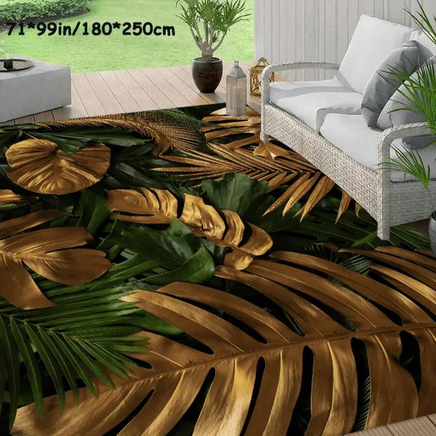 1 Piece Tropical Green Leaf Area Rug With Gold Diamond Texture, 800g/M², Seat, Machine Washable, Easy To Install - Suitable For Living Room, Bedroom, Dining Table, Etc., Living Room Carpet - Multicolor - View 1