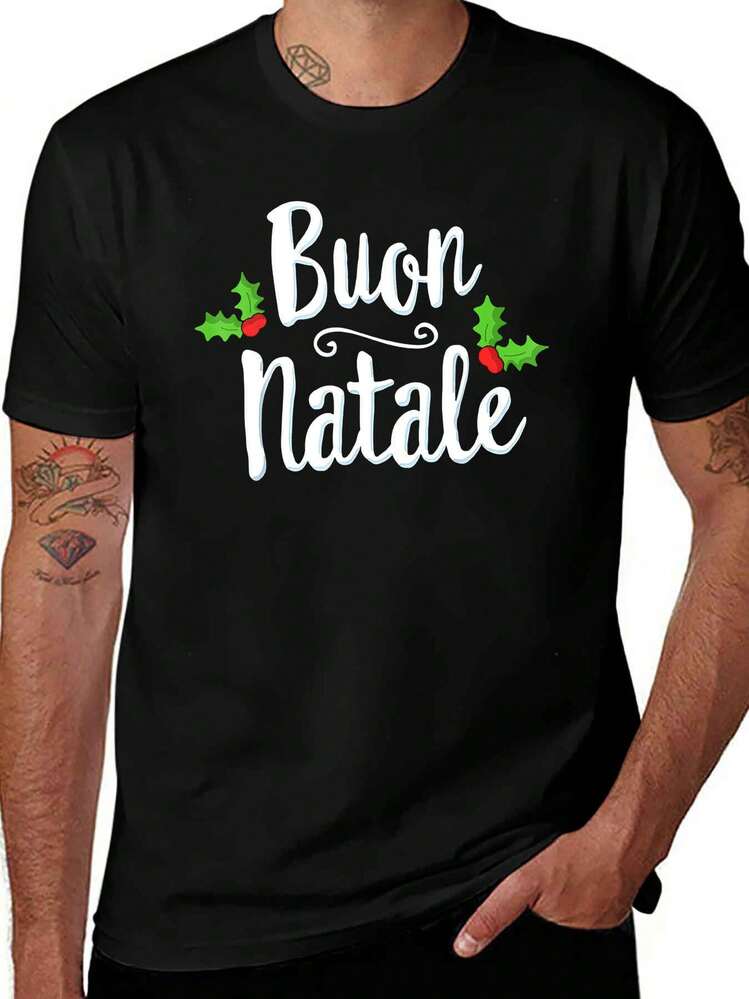 Camiseta de manga corta para hombre con texto "Feliz Navidad en italiano" - Negro - Añade 1