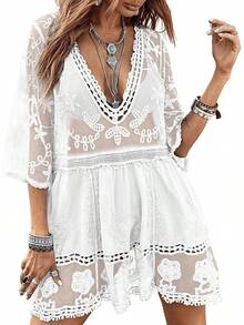 Women's Contrast Lace Loose Swimsuit Cover Up Beach Dress - Swimwear 2025 IBGX - trắng - Xem 12