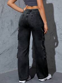 American Retro High Street Washed Workwear Jeans With Multiple Pockets For Men And Women, Loose Straight Leg Casual Pantsmujer Summer Outfits For Women Office Outfits For Women Boho Womens Clothing Pantalones Anchos De Mujer Pantalones Anchos De Mujer Classy Office Outfits For Women Boho Womens Clothing  Summer ,Country,Vintage Clothes Women,Low Rise Jean,Plus Size Women Clothes - 黑色 - 查看 5