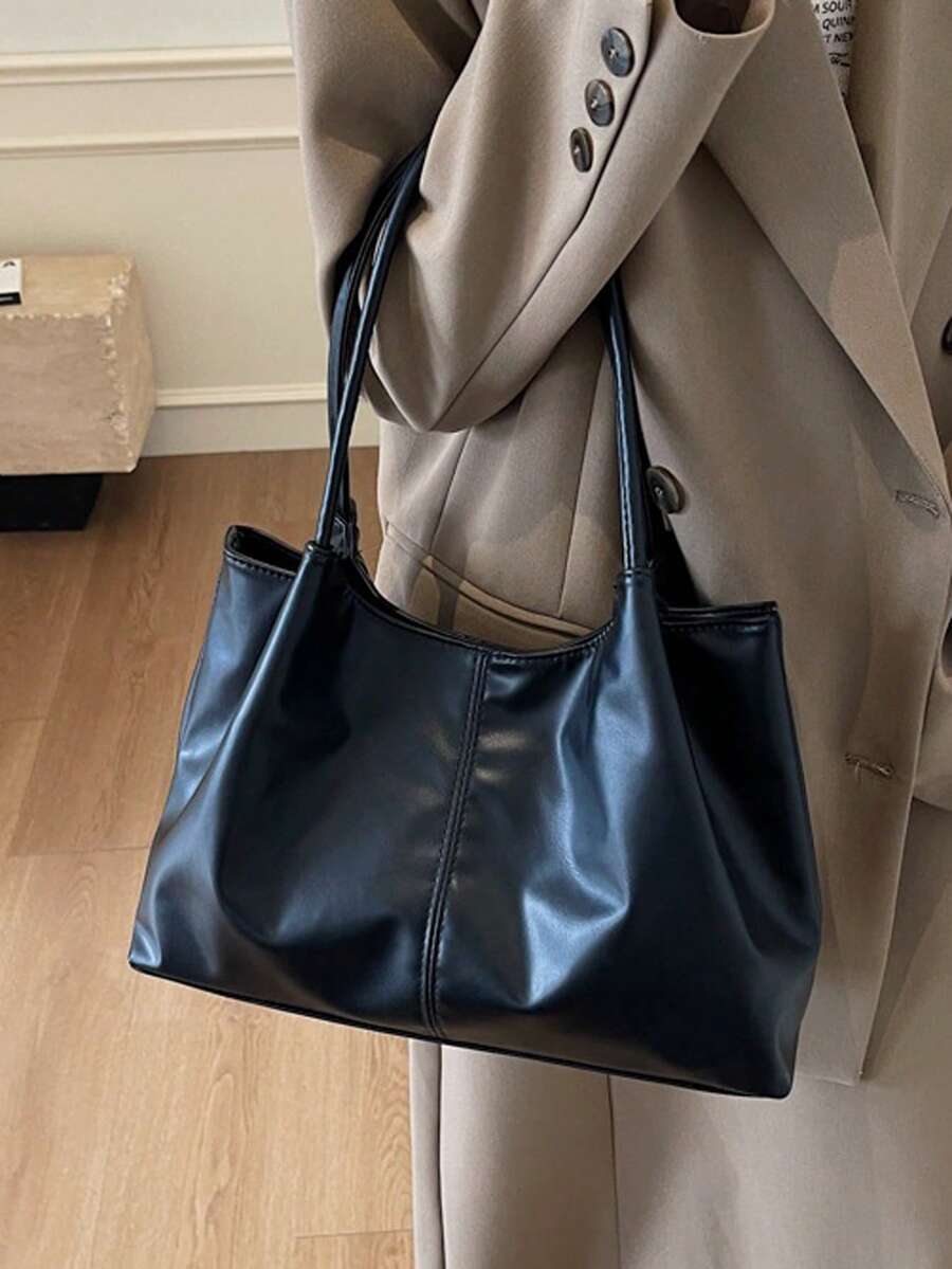 1 件纯色 PU 皮革手提包，时尚百搭大容量，简约风格，适合派对、活动、街头穿着 - 黑色 - 查看 1