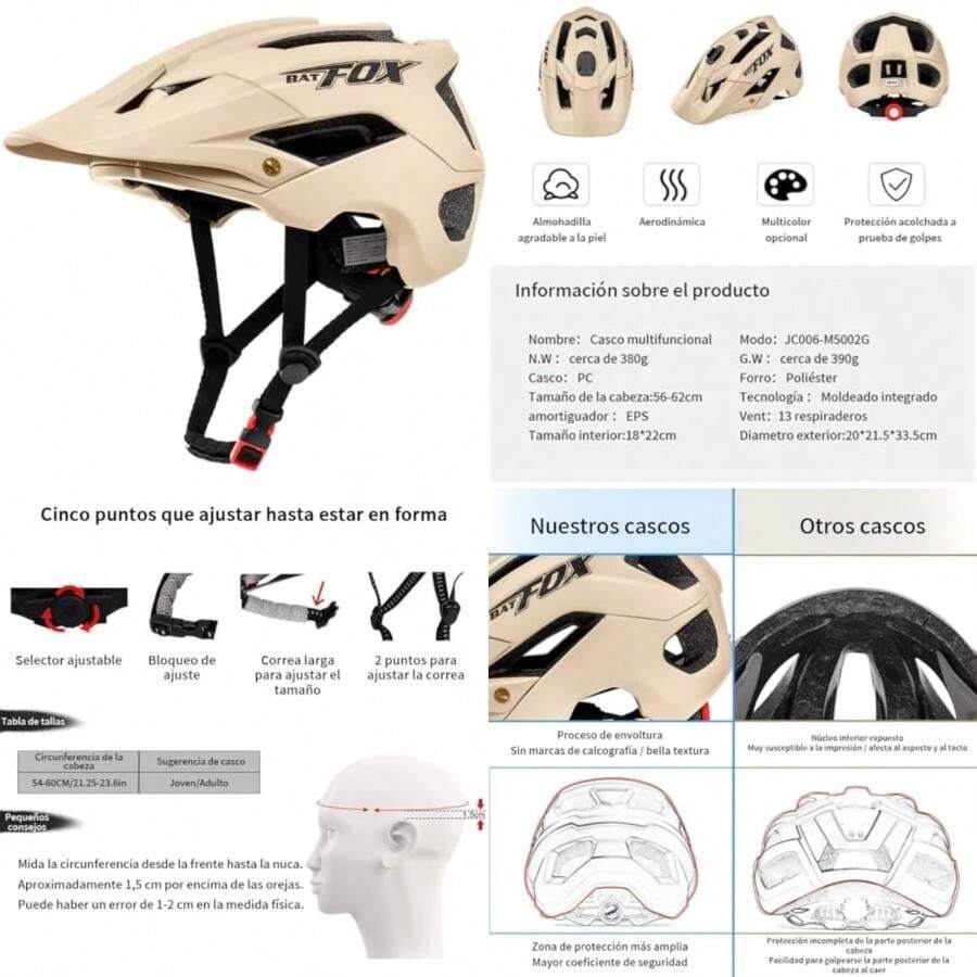FINYQBET Casco de Bicicleta Ultraligero para Adultos, con Visera Extraíble y 13 Ventilaciones, Ajustable para Ciclismo de Montaña y Urbano (56-62 cm(Beige) - Tipo 2 - Ver 1