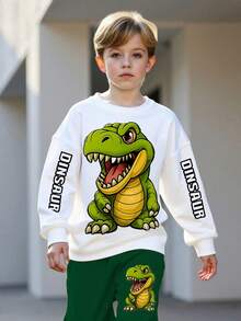 Bộ 2 áo nỉ và quần in hình khủng long cho bé trai, trang phục thời trang đường phố thường ngày cho mùa thu/đông - màu xanh lá - Xem 5