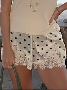 Women Y2k Satin Silk Lace Trim Shorts Polka Dot Lace Floral Patchwork Silky Slip Shorts Comfy Pajamas Bottoms Satin Pettipants French Knickers Casual Lounge Pj Silk Shorts - trắng - Xem 7