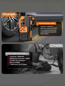 10000mAh High Capacity Car Jump Starter, Car Air Compressor, 2-In-1 Multifunctional Charger, Equipped With 150 PSI Digital Tire Inflator, LED Flashlight, Safety Hammer Design, Sturdy And Durable Structure, Includes Multiple Adapters | Emergency Vehicle Tool | High Visibility Orange | Comes With Storage Case