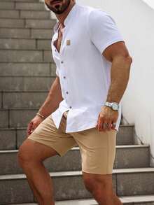 Conjunto informal de dos piezas para hombre para verano: camisa lisa de manga corta + pantalones cortos - Blanco - Ver 3