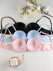 3 pezzi Reggiseni di supporto con ferretto, di colore tinta unita semplice, stile fisso comodo per le donne - Multicolore - Visualizzare 2