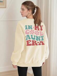 Crew Neck Hoodie, Simple Solid HoodieWomens Auntie Sweatshirt Oversized In My Cool Aunts Era Crewneck Sweatshirts Letter Print Long Sleeve Pullover Top - 白色 - 查看 3