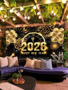 1件2026新年快乐背景布，气球、新年烟花和香槟图案背景布，150*100厘米涤纶背景布，新年除夕庆祝用品，新年派对装饰，新年拍照道具，新年装饰品，节日派对用品 - 彩色 - 查看 3