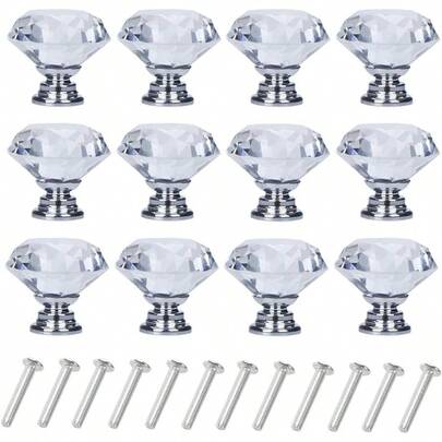 YourGift 12 Pack Drawer Knobs Diamond Shaped Crystal  30mm Cabinet Knobs Pull Handles Sier