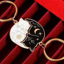 2 Cute Cat Pendant Keychains, Cartoon Cat Design With Moon And Stars, Ideal For Cat Lovers, Perfect Anniversary And Birthday Gifts For Boyfriends Or Girlfriends, Valentine's Day Accessories, Bag Accessories, Bag Accessories, Women's Keychains - 2 chiếc [Đen + Trắng] - Xem 6