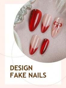 24pcs French Red Cat Eye Nail Stickers, Medium Almond Shape, Bow Decor, Reusable, Full Coverage, Minimalist Cute Style, Smooth Surface, Suitable For Women And Girls Daily Wear Nails Nail Supplies EVPX - 多色 9 - 查看 8