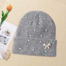 Women Knitted Hat, Bow Pearls Shiny Rhinestones Soft Crochet Hat Warm Winter Cap For Indoor Outdoor - 灰色 - 查看 4