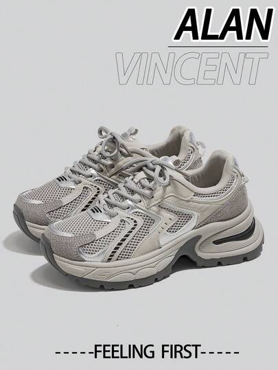  Alan Vincent[城市运动鞋系列]灰色运动鞋女鞋2025新款厚底运动鞋女舒适时尚跑步鞋增高休闲运动鞋女户外鞋女士鞋透气网眼