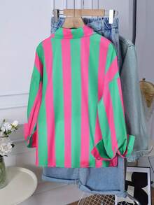 Women's Fashionable Polyester Collared Shirt, Button Front, Striking Striped Pattern, Long Sleeve, Regular Length