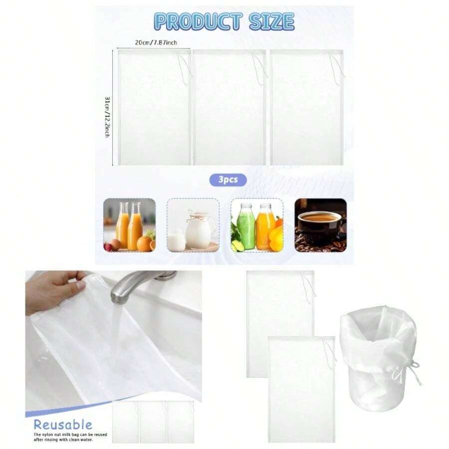 3 Pack Brew Bags, 12.2x. 87 Large Reusable Fine Mesh Bag With Adjustable Drawstring, Home Brewing Hops Grains Fruit Wine Beer Making Brew In A Bag Supplies12.2x. 87 - Initial - View 1