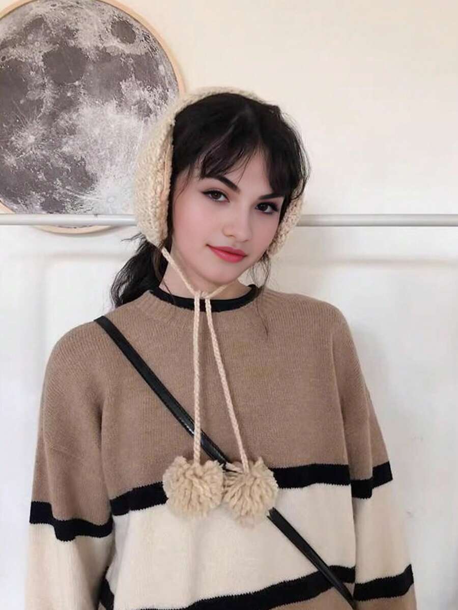 1 Pair Of Women's Cute Knitted Ear Muffs, Padded Ear Protection Design, Strap Style, Suitable For Fall And Winter Warmth Scene White Ear Muffs